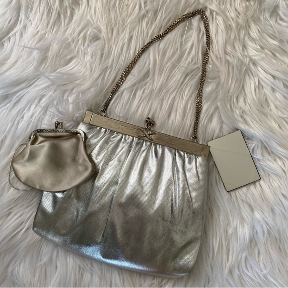 Vintage Handbags - Vintage HL USA Satin Handbag Set Coin Purse Mirror Silver Convertible Chain VTG